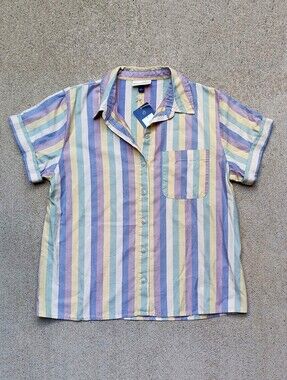 Pastel Striped Button Short Sleeve Button Shirt Tencel Cotton Women's Small